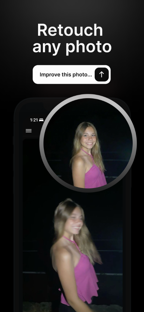 Ploxto App Interface showing photo retouching capabilities
